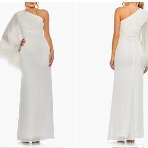MAC DUGGAL 11442 FEATHER CUFF ONE SHOULDER RUCHED WHITE GOWN sz 8